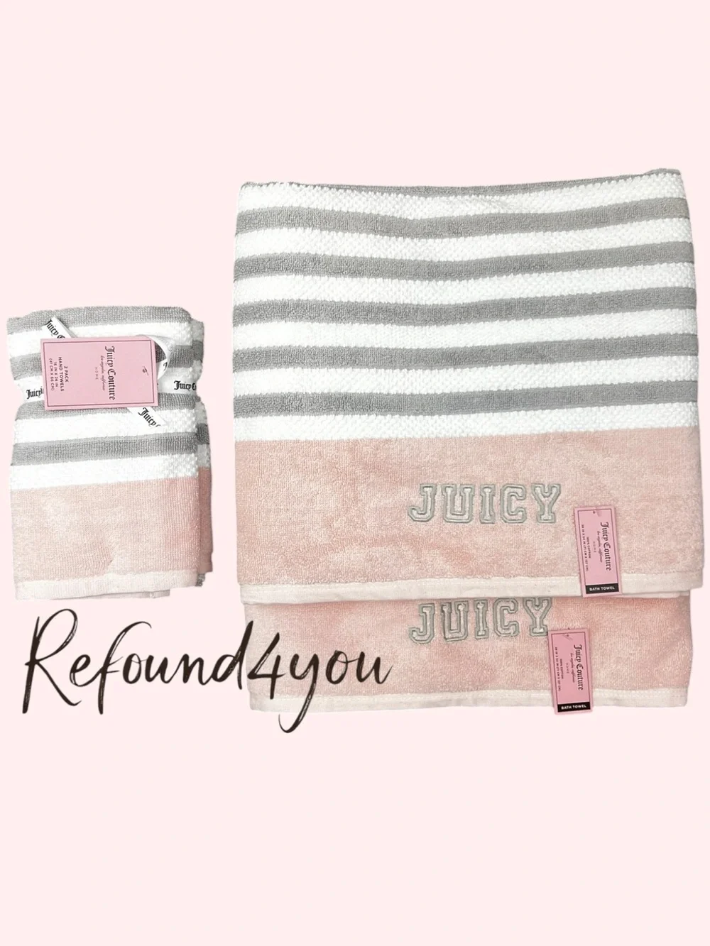 Juicy Couture - ‘Pink & Gray stripes’ Bath towel set. NWT. Firm!